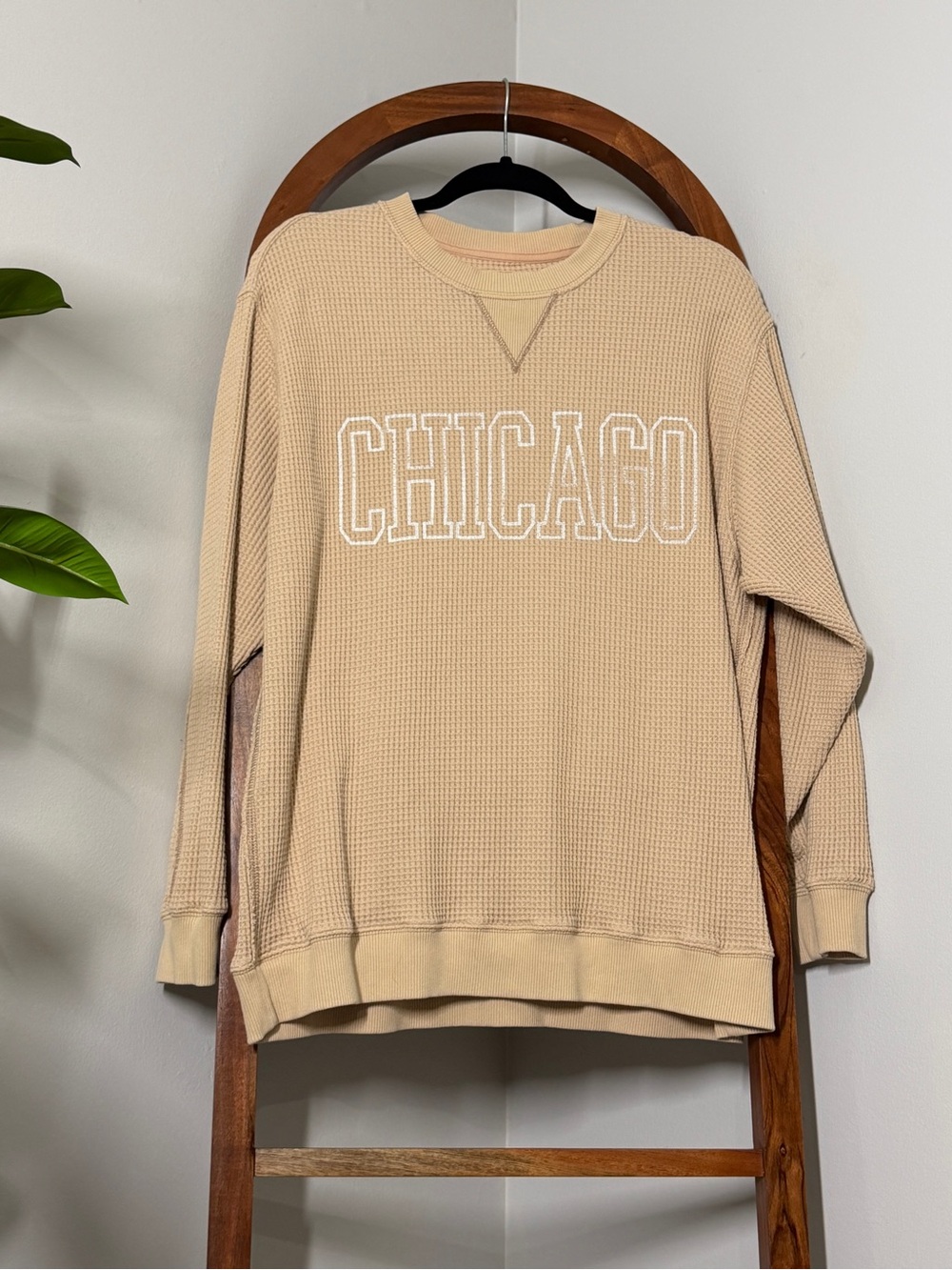 Aerie MEDIUM Tan Chicago Long Sleeve Waffle Knit Thermal Top Style 2528